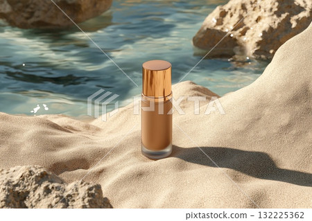 Luxurious Foundation Bottle on Sandy Beach with Crystal Clear Water, Highlighting the Essence of Beauty and Elegance in a Natural Setting 132225362