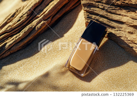 Elegant Bottle of Liquid Foundation Resting on Soft Golden Sand with Natural Wooden Texture in the Background, Perfect for Beauty and Skincare Themes 132225369