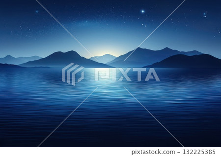 Serene Night View of Calm Waters and Distant Mountains Under a Starry Sky, Capturing the Tranquility of Nature at Twilight 132225385