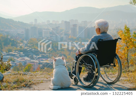 Serene Elderly Individual in Wheelchair Enjoying Scenic View with Loyal Dog, Overlooking Urban Landscape with Beautiful Mountains in the Background 132225405