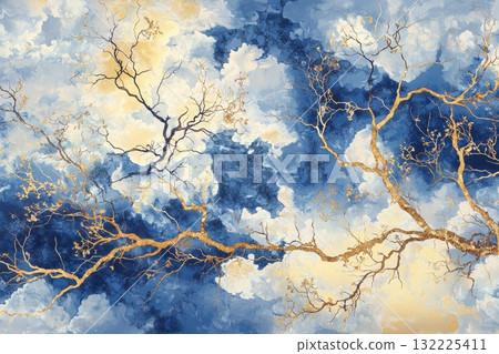 Abstract Artistic Depiction of Blue Sky with Whimsical Branches and Golden Accents Against Cloudy Background in a Dreamy Vibe 132225411