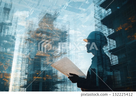 Silhouette of a Construction Worker Examining Blueprints Against a City Construction Site with Cranes and Scaffolding under a Cloudy Sky 132225412