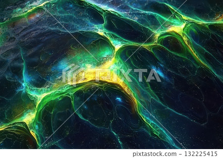 Abstract Colorful Fluid Art with Green, Yellow, and Black Patterns Evoking Cosmic or Natural Phenomena in a Dreamlike Universe 132225415