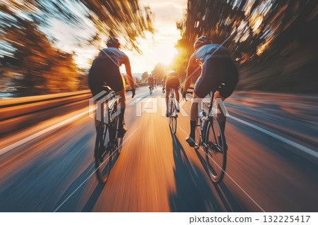 Dynamic Cycling Experience at Sunset: Group of Cyclists Riding Along a Scenic Road with Blurred Motion and Golden Light Dynamic Cycling Experience at Sunset: Group of Cyclists Riding Along a Scenic Road with Blurred Motion and Golden Light 132225417