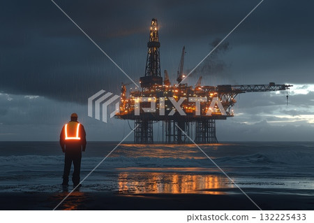 Dramatic Scene of a Worker Gazing at an Oil Rig in Stormy Weather, Showcasing Industrial Operations and the Power of Nature Dramatic Scene of a Worker Gazing at an Oil Rig in Stormy Weather, Showcasing Industrial Operations and the Power of Nature 132225433