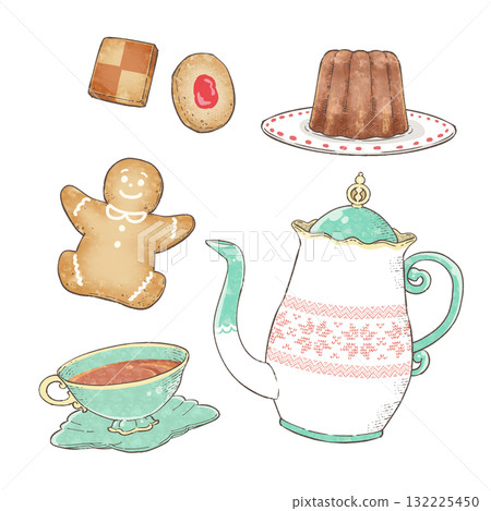 水彩茶壺、翠綠茶杯和聖誕糖果套裝 132225450