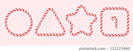 3d red and white Candy cane striped border frames collection. Christmas and New Year festive sweet frames set vector decorations in geometric shaped - circle, triangle, star, square. 132225460