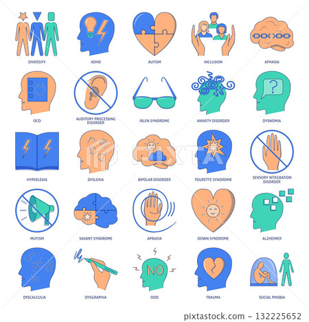 Neuro difference flat icon set Neuro difference flat icon set 132225652