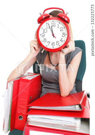 Woman work stoppage Overworked businesswoman plenty of documents isolated Woman work stoppage Overworked businesswoman plenty of documents isolated 132225773
