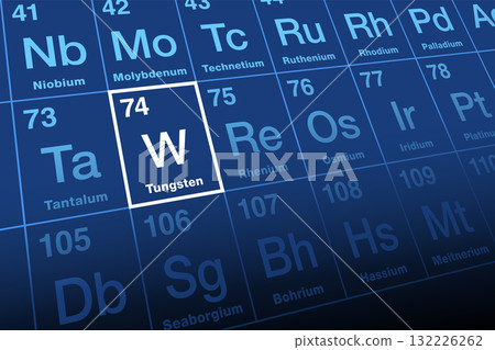 Tungsten, or also wolfram, on the periodic table. Rare metal and chemical element with atomic number 74 and symbol W. Tungsten is Swedish for heavy stone, wolfram is derived from the ore wolframite. 132226262