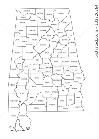 State of Alabama, subdivided into 67 counties, outline map with county borders and names. State in the Southeastern region of the United States, nicknamed The Yellowhammer State, and Heart of Dixie.  132226264