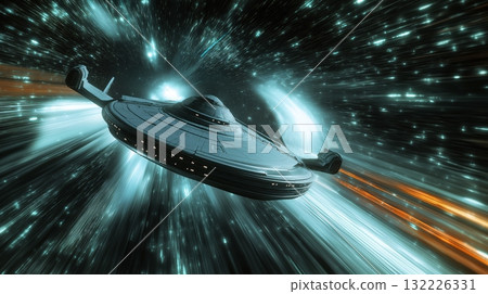 Science fiction spaceship travels through a swirling black hole in a distant galaxy Science fiction spaceship travels through a swirling black hole in a distant galaxy 132226331