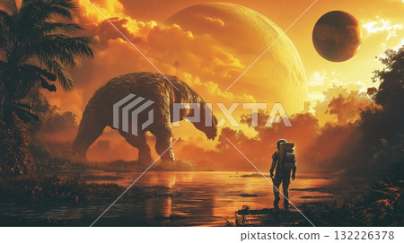 Astronaut explores alien landscape with giant creature under vibrant cosmic sky Astronaut explores alien landscape with giant creature under vibrant cosmic sky 132226378