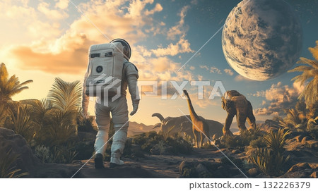 Astronaut encounters a giant creature on an alien planet Astronaut encounters a giant creature on an alien planet 132226379