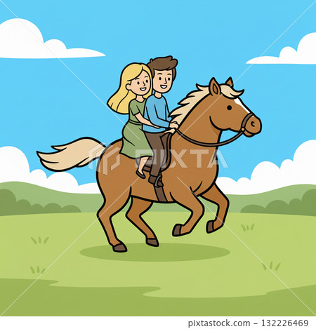 這是一幅友好而又畸形的插圖，畫中有幾匹馬，它們的身體呈棕色，鬃毛和尾巴呈淺米色。 132226469