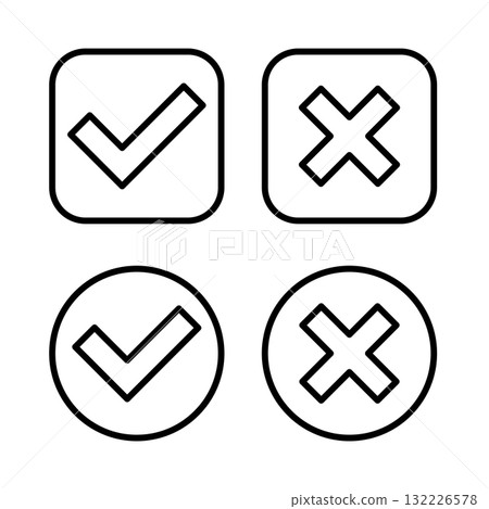 Checkmark and cross line icon set in square circle shapes. Checkmark and cross line icon set in square circle shapes. 132226578