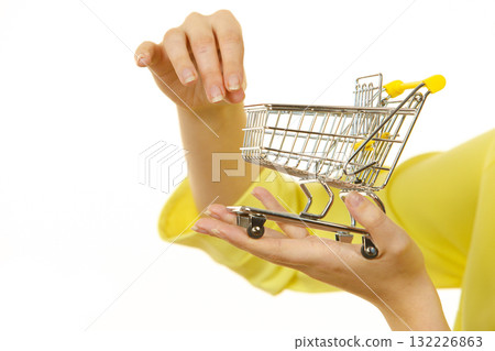 Woman holding small shopping cart Woman holding small shopping cart 132226863