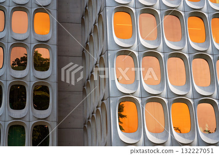 Facade of prefabricated modular concrete on the functionalist office CBR Building, Watermael-Boitsfort, Bussels, Belgium 132227051