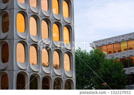 Facade of prefabricated modular concrete on the functionalist office CBR Building, Watermael-Boitsfort, Bussels, Belgium 132227052
