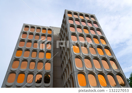 Facade of prefabricated modular concrete on the functionalist office CBR Building, Watermael-Boitsfort, Bussels, Belgium 132227053