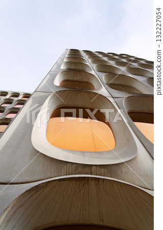 Facade of prefabricated modular concrete on the functionalist office CBR Building, Watermael-Boitsfort, Bussels, Belgium 132227054