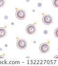 Seamless Christmas pattern with vintage clock ornaments and violet dots 132227057