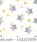 Seamless Christmas pattern with star ornaments and golden dots 132227059