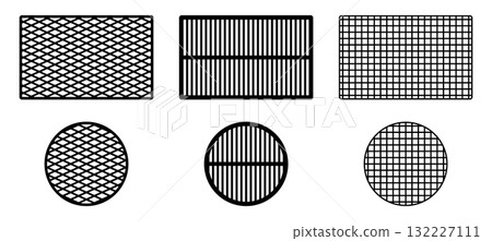 Bbq grill grate. Barbecue grid top view. Mesh metal surface with wire. 132227111