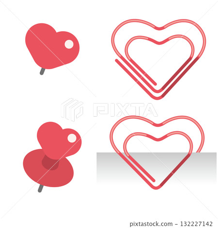 心形文具插圖（粉紅色圓形別針、圖釘和迴紋針） 132227142