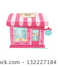 llustration of a pink candy shop with a sign and colorful flowers on a pink wall. 132227184