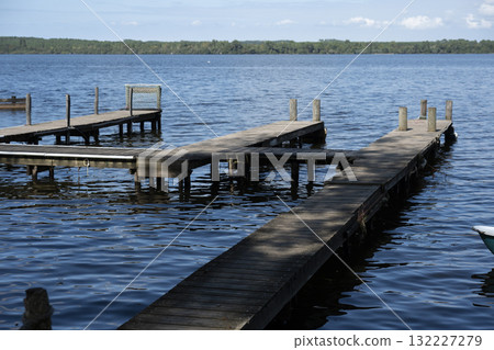 Scenic view of Lac de Leon piers on a sunny day in French countryside 132227279