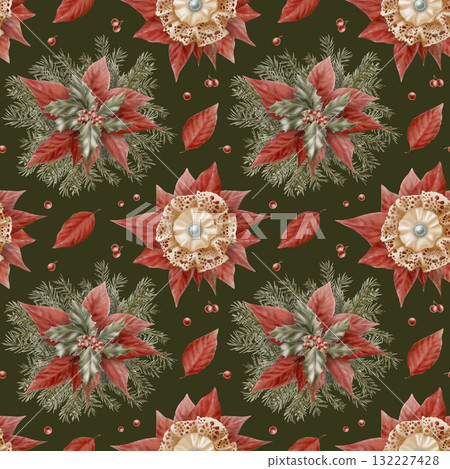 Vintage Christmas seamless pattern of red poinsettia flowers,holly leaves with berries, spruce branches lace bow brooch with silk insert in beige with pearl and beads on dark green background Vintage Christmas seamless pattern of red poinsettia flowers,holly leaves with berries, spruce branches lace bow brooch with silk insert in beige with pearl and beads on dark green background 132227428