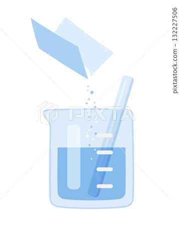 使用藥用包裝紙將粉末放入燒杯中，並用玻璃棒混合的插圖 132227506