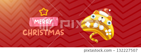 Cute cat gamepad cartoon character vector illustration, striped kitty character wearing a Santa hat, Merry Christmas holiday greeting design, stickers, labels, cards and celebration wide banners 132227507
