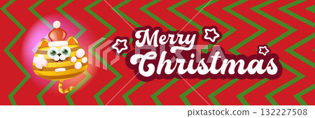 Cute cat gamepad cartoon character vector illustration, striped kitty character wearing a Santa hat, Merry Christmas holiday greeting design, stickers, labels, cards and celebration wide banners 132227508