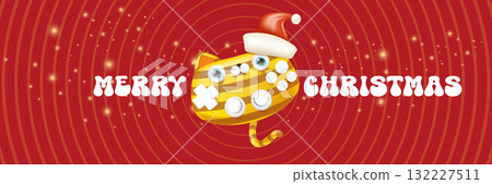 Cute cat gamepad cartoon character vector illustration, striped kitty character wearing a Santa hat, Merry Christmas holiday greeting design, stickers, labels, cards and celebration wide banners Cute cat gamepad cartoon character vector illustration, striped kitty character wearing a Santa hat, Merry Christmas holiday greeting design, stickers, labels, cards and celebration wide banners 132227511