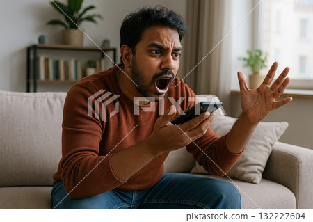 Expressive south asian man engaged in intense phone conversation on sofa at home. concept of communication, emotion, digital interaction 132227604