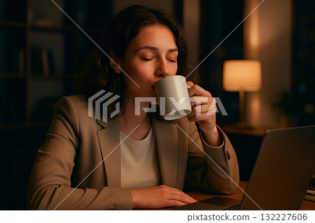 Young caucasian woman enjoying evening coffee break in cozy cafe setting with warm lighting and calm ambiance. concept of relaxation, cozy atmosphere, evening leisure. 132227606