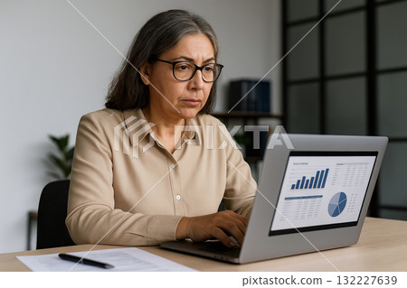 Focused asian female financial analyst working on laptop with graphs and charts in office setting. concept of business analysis, data interpretation, career professionalism Focused asian female financial analyst working on laptop with graphs and charts in office setting. concept of business analysis, data interpretation, career professionalism 132227639