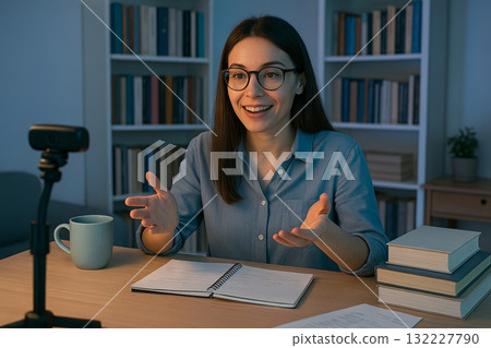 Young woman streaming an educational session from home with open notebook and books. concept of online learning, remote education, digital teaching. 132227790