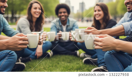 Group of friends enjoying coffee together outdoors in a city park on a bright day. concept of friendship, outdoor leisure, social gathering Group of friends enjoying coffee together outdoors in a city park on a bright day. concept of friendship, outdoor leisure, social gathering 132227938