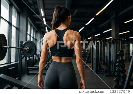 Strong female athlete in modern gym focusing on fitness and strength training. concept of empowerment, athletic lifestyle, physical fitness. Strong female athlete in modern gym focusing on fitness and strength training. concept of empowerment, athletic lifestyle, physical fitness. 132227949