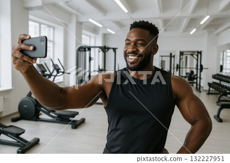 Young african american man taking a selfie in a modern gym with fitness equipment. concept of healthy lifestyle, workout motivation, self-improvement. 132227951