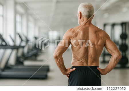 Athletic elderly man in gym staying fit and healthy through active lifestyle and exercise routine, copy space 132227952