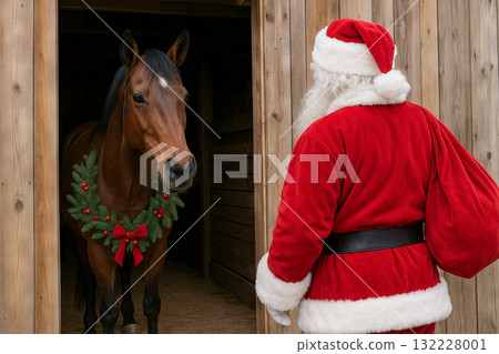 Santa claus greeting festive horse decorated with christmas wreath in barn, concept of holiday magic, celebration, seasonal joy 132228001