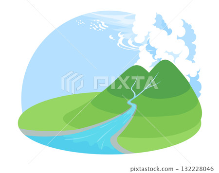 背景插圖：一條河流從一座小插圖風格的山上流過，還有各種類型的雲 132228046
