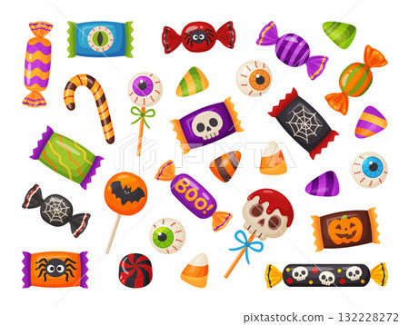Halloween candy set. Holiday sweets. Hand drawn trendy flat style Halloween candy set. Holiday sweets. Hand drawn trendy flat style 132228272