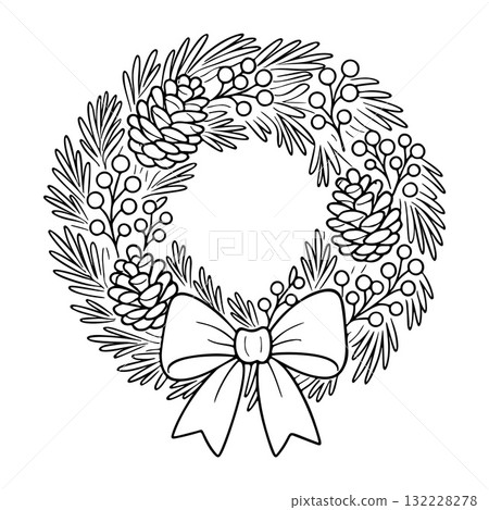 Christmas door wreath. Doodle style. Hand drawn black and white isolated icon 132228278