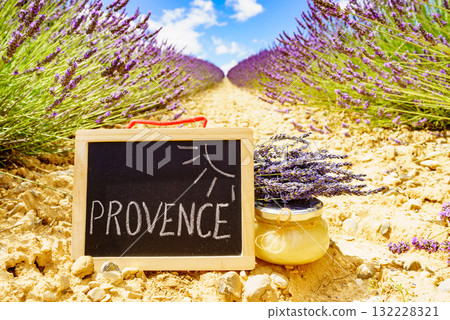 Jar with honey at lavender field in Provence France. 132228321