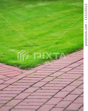Garden stone path with grass, Brick Sidewalk 132228323